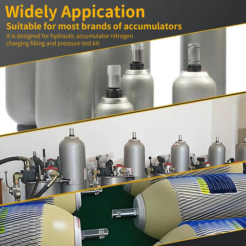 Pro Grade Hydraulic Nitrogen Accumulator Filling Kit With 3 Pressure Gauges And 7 Adapters in use with diverse accumulators