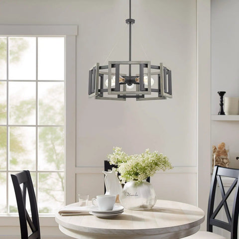 Rustic 24 Inch 5 Light Farmhouse Chandelier With Adjustable Hanging Height In Gray Oak Wood Look And Sandblasted Black Finish, Open Geometric Frame in dining room setting.