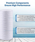 5 Micron Whole House String Wound Sediment Filter 10 X 4.5 Inch For Well Water Replacement Cartridge Reduces Up To 99 Percent Sediment Sand Rust And Color 2 Pack in white against blue background with text about performance and construction