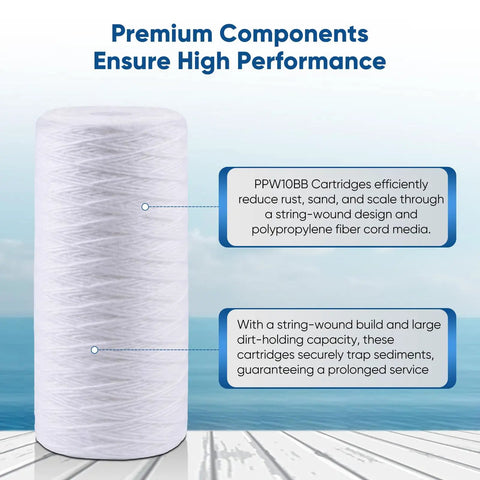 5 Micron Whole House String Wound Sediment Filter 10 X 4.5 Inch For Well Water Replacement Cartridge Reduces Up To 99 Percent Sediment Sand Rust And Color 2 Pack in white against blue background with text about performance and construction