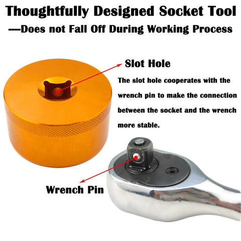 Orange 32mm 3/8 Drive Fork Topcap Socket For Fox 36 38 40 Series with wrench pin and slot hole detail