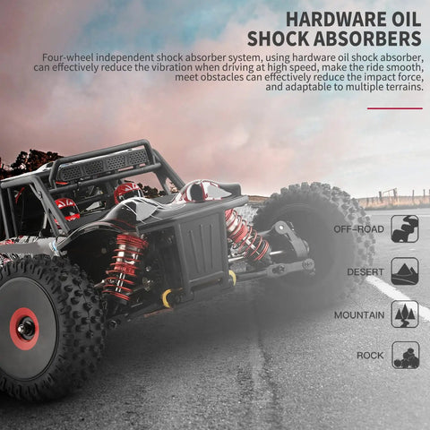 4WD 1 To 12 Scale Brushless RC Truck With Metal Chassis All Terrain Off Road RTR 2 4Ghz showcasing hardware oil shock absorbers