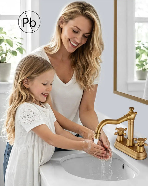 Mother and daughter using Antique Brass 4 Inch Centerset Bathroom Faucet With Two Cross Handles Retro RV Style Mixer Tap For 3 Hole Basins Vanity Lavatory Includes Hoses And Pop Up Drain