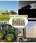 Collage showing applications of 50 Piece Heavy Duty Lynch Pin Fastener Assortment Kit with ring for tractors and trailers.