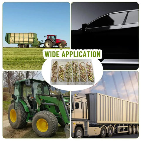 Collage showing applications of 50 Piece Heavy Duty Lynch Pin Fastener Assortment Kit with ring for tractors and trailers.