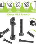 1400 Piece Assorted M2.5 Hex Socket Head Cap Screws And Bolts In 4Mm To 25Mm Lengths on a white background.