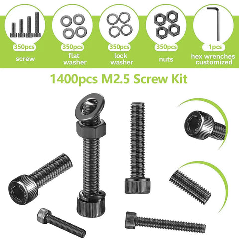 1400 Piece Assorted M2.5 Hex Socket Head Cap Screws And Bolts In 4Mm To 25Mm Lengths on a white background.