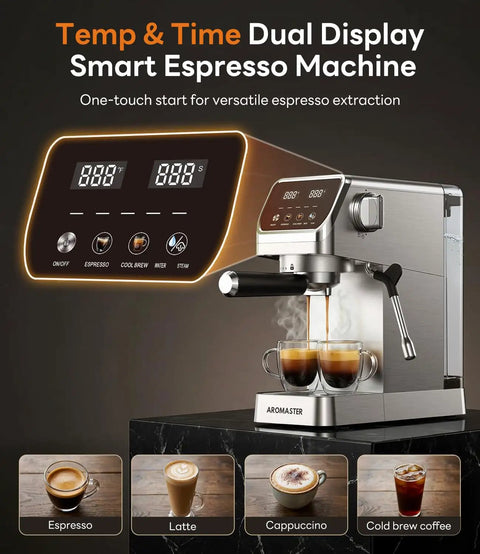 Compact Espresso Machine With Milk Frother And Touchscreen, 20 Bar Pressure, 1400W Fast Heat, stainless steel design