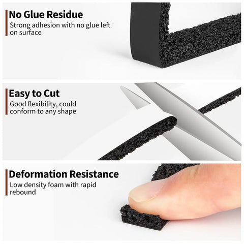 Rock Solid Open Cell Foam Tape Self Adhesive Sound Insulation Weather Stripping showing easy cutting, deformation resistance, and no glue residue.