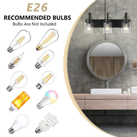 Three Light Matte Black Vanity Light Fixture With Clear Glass Shades, Dope Modern Wall Sconce Lighting For Bathroom Mirror, Cabinet, Kitchen, Hallway Or Stairs, Sleek Vintage Vibe