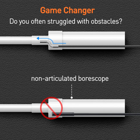 10Ft Articulating Borescope With Light And Two Way Steering Endoscope Cam For Pipe Wall And Electrical Inspections 0.33in Waterproof Fiber Optic Snake Cam Pro Grade showing articulated tip vs non-articulated borescope