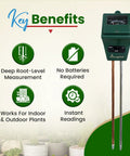 All In One Soil Tester For Moisture pH And Light With Battery Free Analog Meter And Stainless Steel Probe For Indoor And Outdoor Gardening And Lawn Care No Guesswork, battery-free meter shown