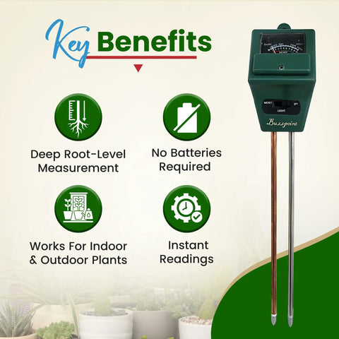 All In One Soil Tester For Moisture pH And Light With Battery Free Analog Meter And Stainless Steel Probe For Indoor And Outdoor Gardening And Lawn Care No Guesswork, battery-free meter shown