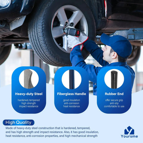 Mechanic using bead breaker tire hammer for easy tire removal and maintenance in cars, heavy-duty 32 inch tool in action