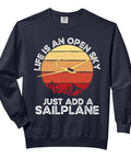 Black sweatshirt with 'Life is an Open Sky Just Add a Sailplane' text, featuring a vintage-style sun and sailplane graphic.