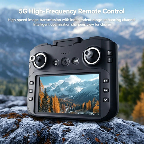 Remote control for Camera Drone With GPS For Beginners And Vloggers, showing live mountain view on screen, black model