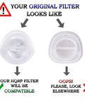 Comparison of two vacuum filters, left label showing compatibility with washable filter replacement for Black and Decker models.