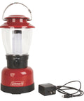 Rechargeable 400 Lumen LED Lantern with USB charging port, red body, water resistant, shown with charger and handle.