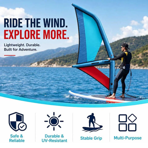 Man using Inflatable Kite Surf Wing Foil Sail With 360 Rotation Base, Foot Straps, And One-Way Air Pump Kit for paddleboard training on water