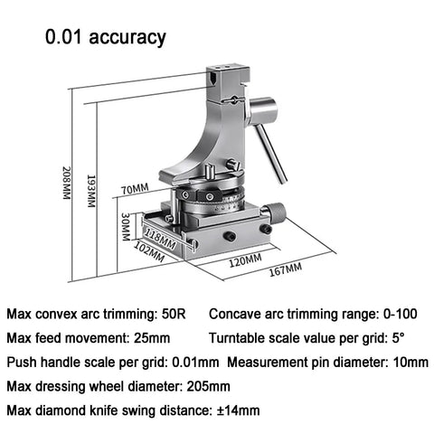 Technical diagram of Radius And Angle Grinding Wheel Dresser With Sliding Base Precision 0.01mm with dimensions and features.