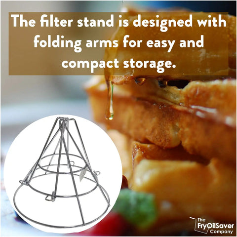 Fryer Oil Filter Stand With Folding Arms That Clamps To Deep Fryers next to waffles, emphasizing easy and compact storage.