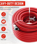 Heavy Duty 3/4 Inch X 100 Foot Red Rubber Pneumatic Air Hose For Jack Hammers With 300 PSI Pressure Featuring Secure Chicago Style Universal Thread Connection Zero Leak Proof For Demolition Jobs Where You Gotta Keep The Job Going All Day Hit Hard, coiled with fittings
