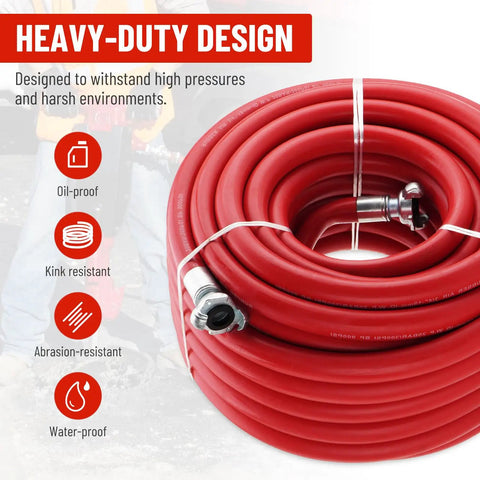 Heavy Duty 3/4 Inch X 100 Foot Red Rubber Pneumatic Air Hose For Jack Hammers With 300 PSI Pressure Featuring Secure Chicago Style Universal Thread Connection Zero Leak Proof For Demolition Jobs Where You Gotta Keep The Job Going All Day Hit Hard, coiled with fittings