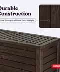 Side view of Beefy 150 Gallon Resin Outdoor Deck Box For Patio Storage And Organization Weatherproof Garden Tools with wood texture.