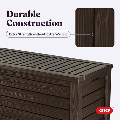 Side view of Beefy 150 Gallon Resin Outdoor Deck Box For Patio Storage And Organization Weatherproof Garden Tools with wood texture.
