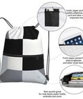 Black And White Piano Key Grid Print Drawstring Gym Bag For Men And Women with pockets for storage, water resistant, 18 x 15.3 inches.