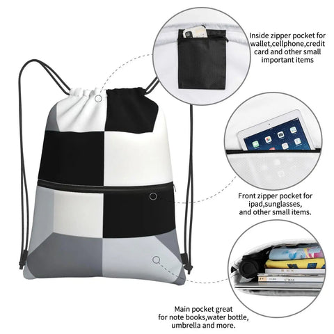Black And White Piano Key Grid Print Drawstring Gym Bag For Men And Women with pockets for storage, water resistant, 18 x 15.3 inches.