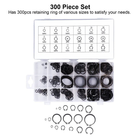 300-piece C Clip Circlip Snap Ring Retaining Fastener Hardware Kit in open box, assorted sizes for machines and vehicles.