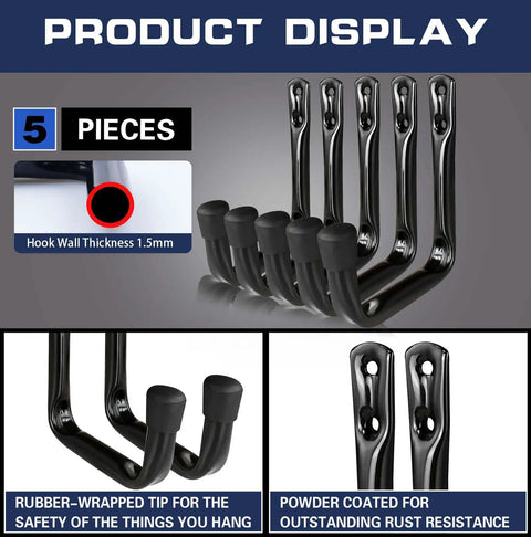 Beefed Up Heavy Duty J Hooks For Garage Storage 5 Pack Black Wall Hooks 40 Lb Capacity Easy Stud Wall Or Brick Mount