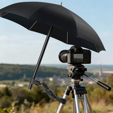 Camera on tripod with Double Clamp Umbrella Camera Pole with 360 Degree Ball Head, set up outdoors.