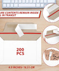 200-pack Stay Flat Photo Mailers 6.5 by 4.5 inch self-seal rigid mailers for photos, cards, CDs, with size details shown