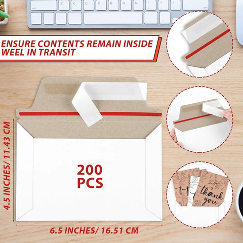 200-pack Stay Flat Photo Mailers 6.5 by 4.5 inch self-seal rigid mailers for photos, cards, CDs, with size details shown