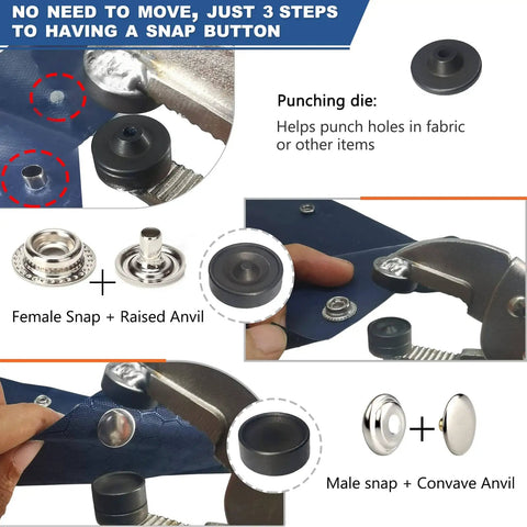 Heavy Duty Snap Fasteners Kit Built Tough With Magnetic Die Holder And Adjustable Pliers 60 Set 15mm Stainless Marine Snaps shown in use