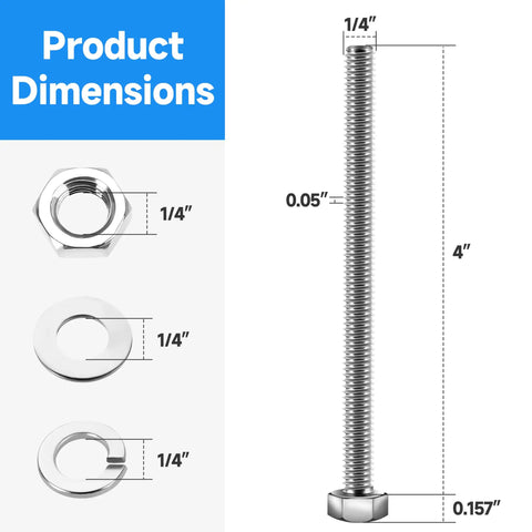 12 Sets 1/4-20 Hex Head Screws Bolts And Nuts Kit With 1/4-20 Bolts Nuts Flat And Lock Washers Fully Threaded 304 Stainless Steel Bright Finish