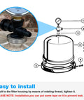 Sand filter air-relief valve assembly with O-ring, black plastic body installed on filter