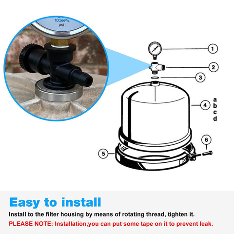 Sand filter air-relief valve assembly with O-ring, black plastic body installed on filter