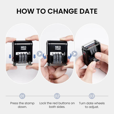 Steps to change date on No Sweat Self Inking Date Stamp Engineered For Quick Adjustable Marking With Crisp Bright Impressions.