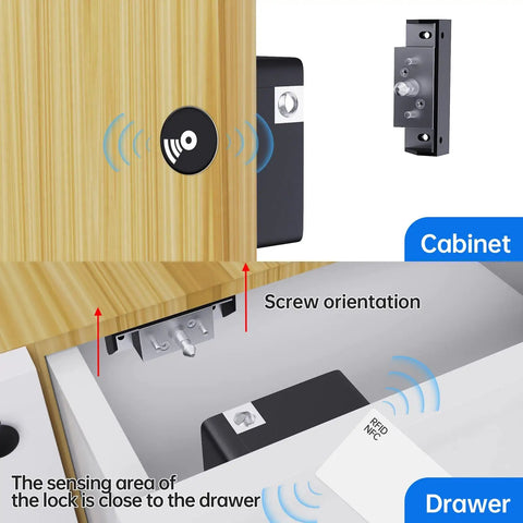 Smart RFID Cabinet Lock With NFC Drawer Locks And Hidden Card Access For Wood Cabinets And Furniture, screw orientation shown