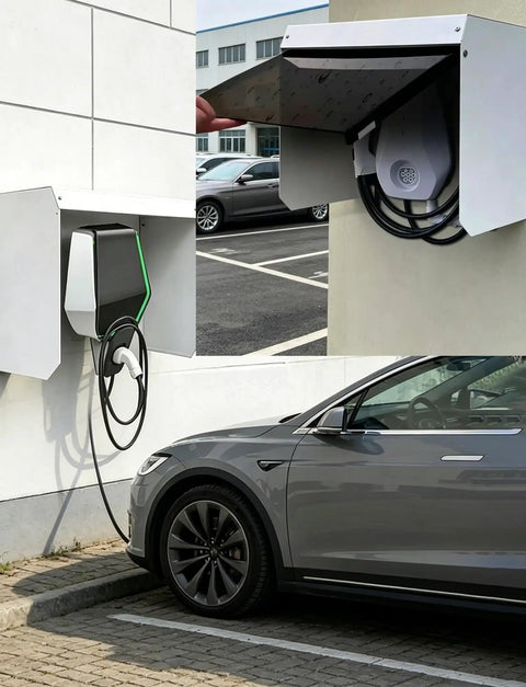 Heavy Duty Hella Tough Rock Solid Weatherproof EV Charger Cover For Outdoor Electric Vehicle Charging Stations, mounted with plug.