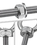 25 Pack Stainless Steel Marine Grade Eye Bolts One Quarter By Three Point Five Four Inch with nuts and washers, close-up view