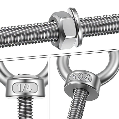 25 Pack Stainless Steel Marine Grade Eye Bolts One Quarter By Three Point Five Four Inch with nuts and washers, close-up view