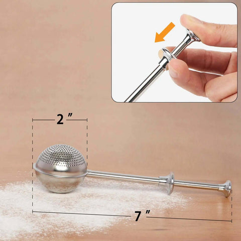 Flour Duster For Baking One Handed Operation Stainless Steel Powdered Sugar Shaker with 7-inch handle and 2-inch duster ball.