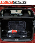 7 Inch Variable Speed Polisher Pro With 12 Amp Motor And 1200 Watt Output in car trunk, 6-speed settings, carrying case visible