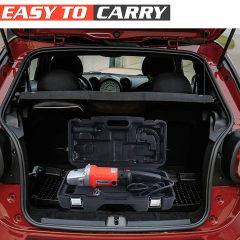 7 Inch Variable Speed Polisher Pro With 12 Amp Motor And 1200 Watt Output in car trunk, 6-speed settings, carrying case visible