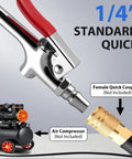 Slick Retractable Air Blow Gun With Telescoping Extension Wand And Adjustable Trigger Valve For Knocking Out Stubborn Debris Radiator Cleaning Auto Detailing And Shop Floor Cleanup Quarter Inch Npt close-up of trigger, standard quick coupling for air compressor.