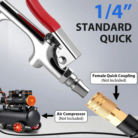 Slick Retractable Air Blow Gun With Telescoping Extension Wand And Adjustable Trigger Valve For Knocking Out Stubborn Debris Radiator Cleaning Auto Detailing And Shop Floor Cleanup Quarter Inch Npt close-up of trigger, standard quick coupling for air compressor.